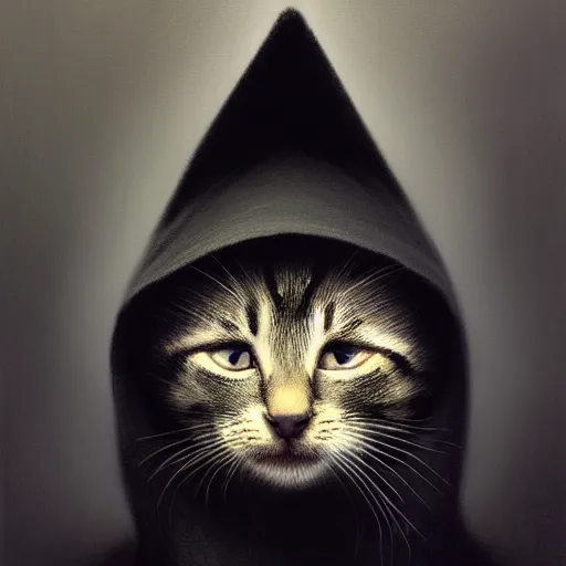 Image similar to a portrait of a kitten wearing a black hood, cloak covering face, anatomically correct, beautiful perfect face, enigmatic, oil painting, matte, black background, Volumetric dynamic lighting, Highly Detailed, Cinematic Lighting, Unreal Engine, 8k, HD, by Beksinski