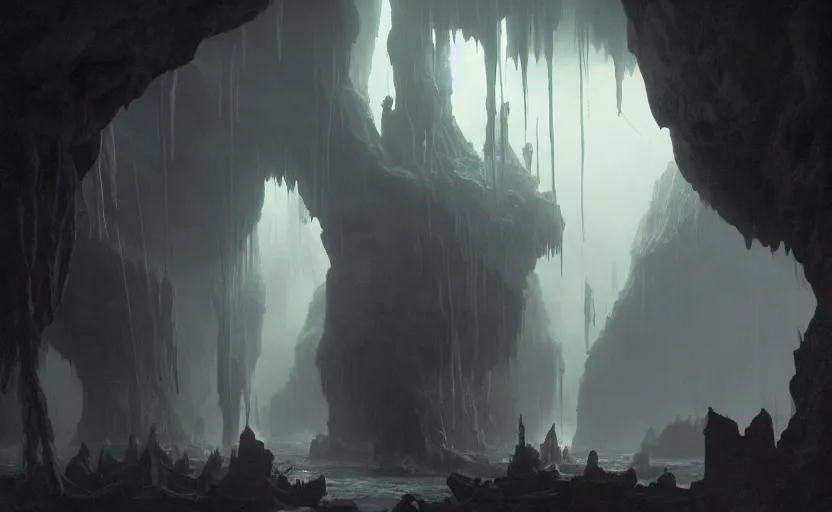 Prompt: A big galleon ship with three masts close center frame, in a cave, stalactites and stalagmites. Underexposed, dark. Atmospheric matte painting by Darek Zabrocki and Christophe Vacher