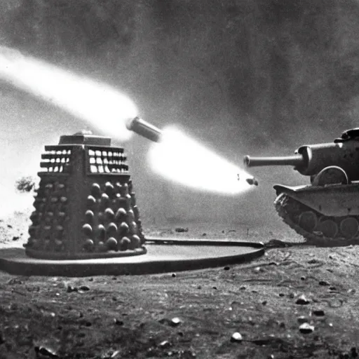 Image similar to a photograph of a dalek firing its laser at a soviet t - 3 4 tank, taken during 1 9 4 4