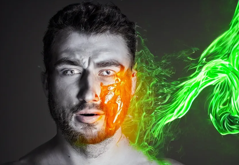 Image similar to a ultra realistic photograph of a man's face being melted off with oozing neon green and white honey