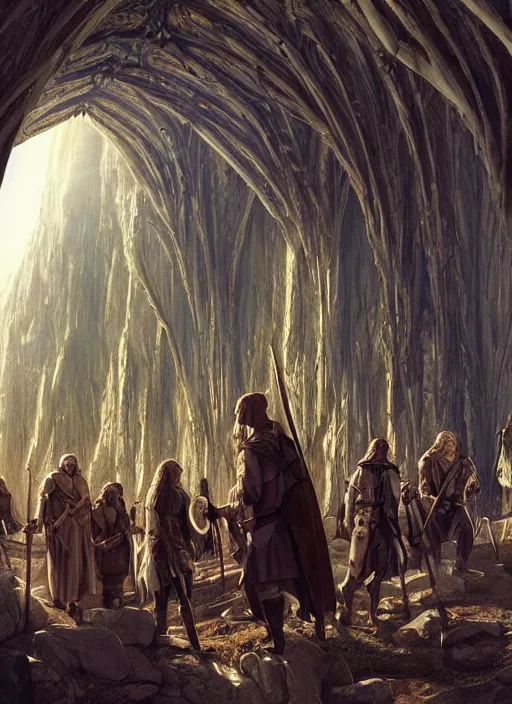 Image similar to six medieval adventurers in the shire scenery landscape, lord of the rings, inside an enormous alien cathedral, highly detailed, perfect lighting, perfect composition, 4 k, artgerm, derek zabrocki, greg rutkowski