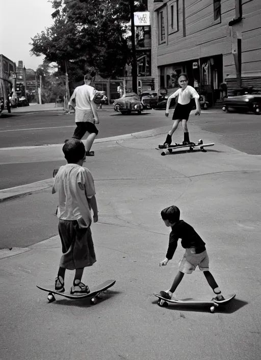 Prompt: 1 9 5 0 s kids skateboarding in the street by vivian maier. professional photography.