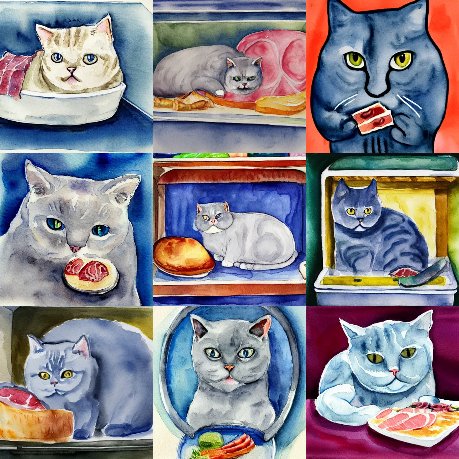 Prompt: british blue shorthair cat in a fridge, eating a large ham, watercolor