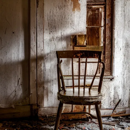 Prompt: detailed / old chair in the middle of abandoned house, full of abandoned furniture, old picture, and trash / 1 2 8 k 3 2 k 6 0 0 mm f 5 - 6. 3 dg os hsm