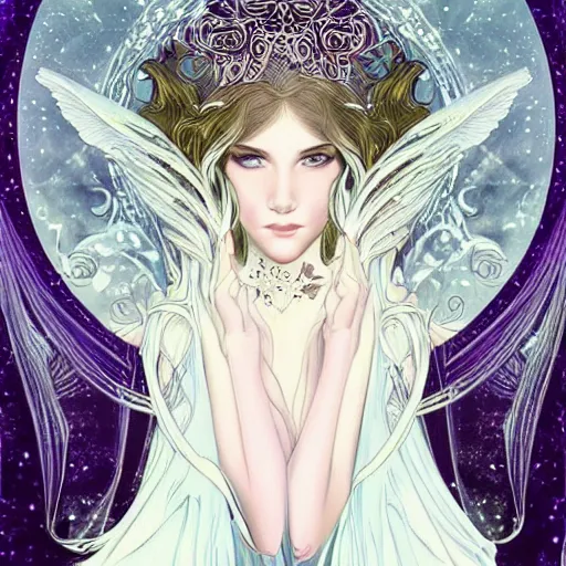 Prompt: seductive eyes, ethereal white witch girl portrait, art nouveau, fantasy, intricate designs, elegant, highly detailed, sharp focus, galaxies, female