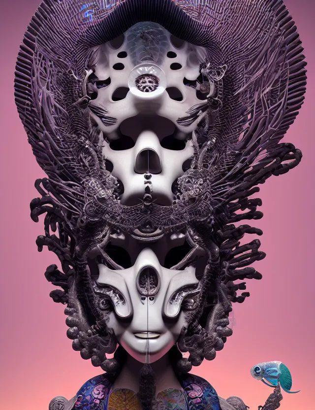 Image similar to 3 d goddess close - up 3 / 4 portrait with ram skull. beautiful intricately detailed japanese crow kitsune mask and clasical japanese kimono. betta fish, jellyfish phoenix, bio luminescent, plasma, ice, water, wind, creature, artwork by tooth wu and wlop and beeple and greg rutkowski