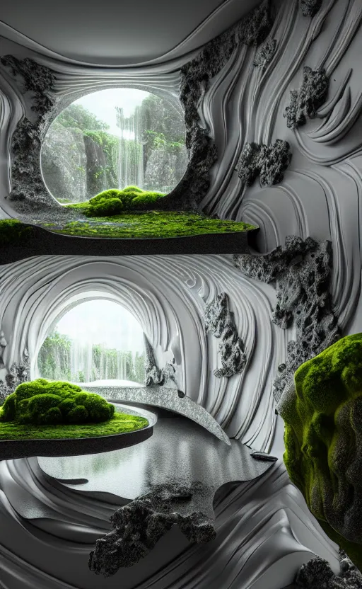 Image similar to highly detailed ultra sharp 3 d render villa interior cinematic composition of a smooth ceramic porcelain biomorphic magnolia stone nebula fluid fractal sci - fi surreal architecture landscape, granite, metallic, magnesium, marble, moss and lichen, vincent callebaut composition, mamou - mani, archviz, beautiful lighting, 8 k, unreal engine, hdr,