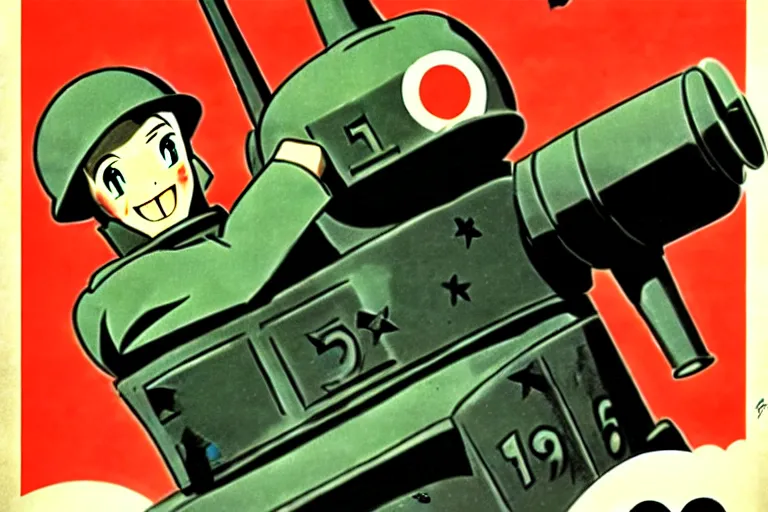 Image similar to 1940s, war, anime, poster, smiling tanks