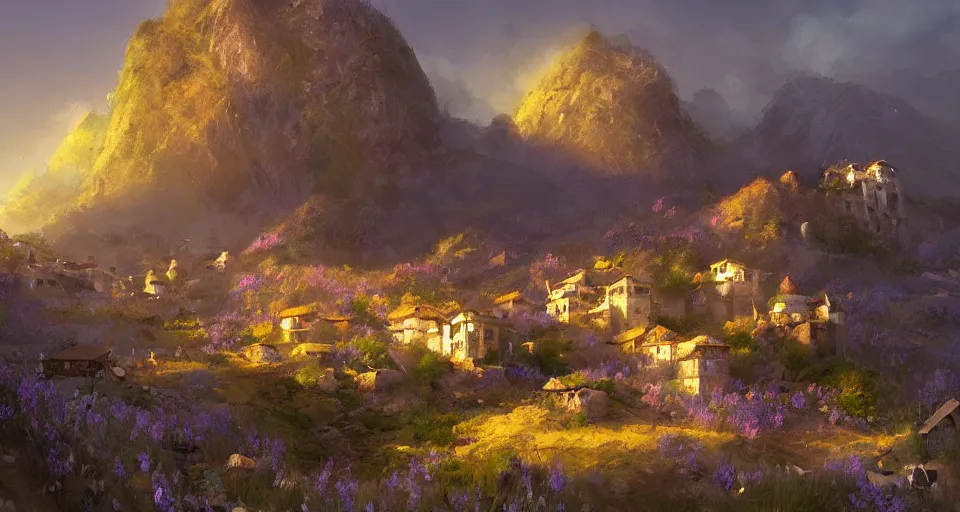 Image similar to beautiful peace loving village on a mountain slope, realistic concept art, eytan zana, one pixel brush, lavander and yellow color scheme, dramatic lighting, concept art, trending on artstation