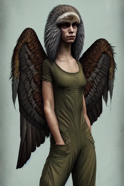 Prompt: epic professional digital art of attractive female human - eagle hybrid animal, wearing human air force jumpsuit, humanoid feathered head, eagle beak, by lisa roet, sam leach, leesha hannigan, wayne haag, artstation, cgsociety, epic, much wow, much detail, gorgeous, detailed, cinematic, masterpiece