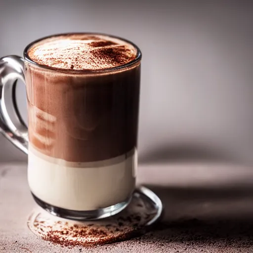 Prompt: food photography of hot chocolate drink in tall glass with cream on top and cocoa powder, canon macro lens, moody lighting