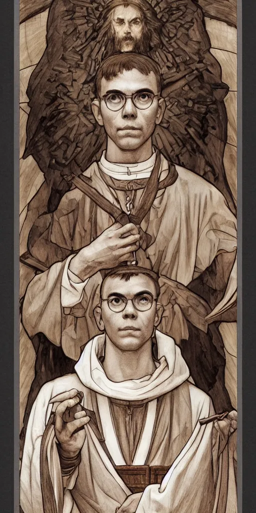 Image similar to portrait saint maximilian kolbe info graphic in the art style of leonardo da vinci pencil, ultra detailed illustration art by artgerm and greg rutkowski and alphonse mucha and junji ito, 8 k