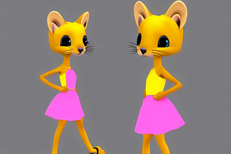 Image similar to female marten character : wearing jewelry and pink dress and yellow hat : head torso legs feet : lorax movie : deviantart : cel shading