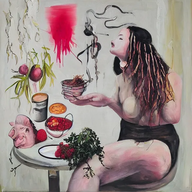 Image similar to “ a portrait in a female art student ’ s apartment, sensual, a pig theme, pork cuts, art supplies, edo, surgical iv bag, octopus, ikebana, herbs, a candle dripping white wax, squashed berries, berry juice drips, acrylic and spray paint and oilstick on canvas, surrealism, neoexpressionism ”