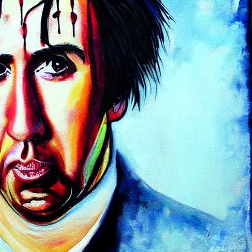 Prompt: Nick Cage crying tears along his face, highly detailed painting