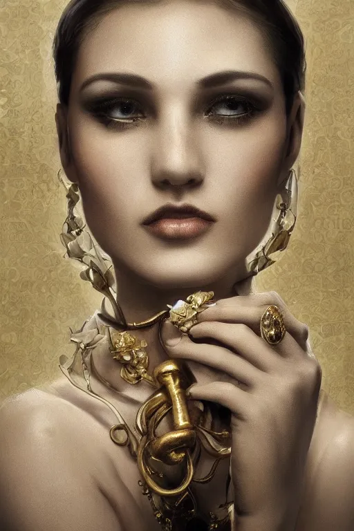 Image similar to An extremely beautiful Art Deco ornate portrait of a young attractive woman with a beautiful bone structure, professionally painted digital art illustration, smooth, sharp focus, atmospheric lighting, highly detailed illustration highlights, golden ratio, extremely detailed winning award masterpiece, 8K post-processing, trending on artstation flawless