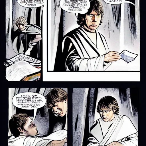 Image similar to luke skywalker reading a Bible, Star Wars comic book art