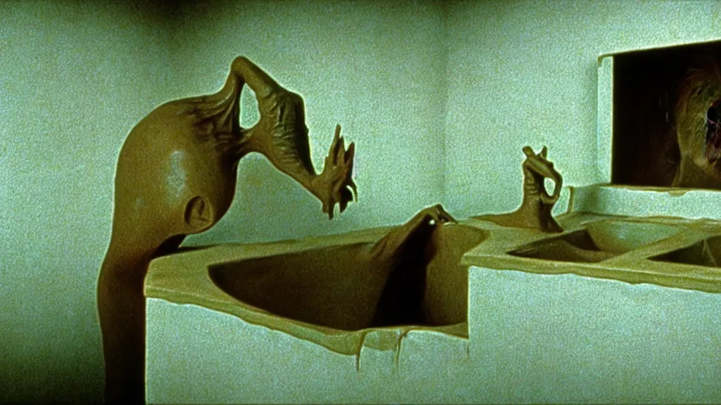 Image similar to the creature in the sink, they taunt look at me, film still from the movie directed by wes anderson and david cronenberg with art direction by salvador dali and zdzisław beksinski, wide lens