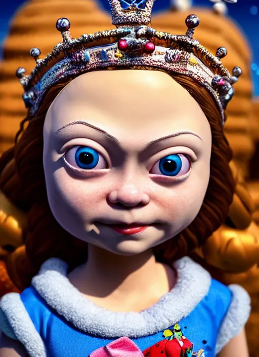 Image similar to highly detailed closeup, face profile portrait of greta thunberg as a tin toy fairytale princess wearing a crown eating cakes, bikini, unreal engine, nicoletta ceccoli, mark ryden, earl norem, lostfish, global illumination, detailed and intricate environment