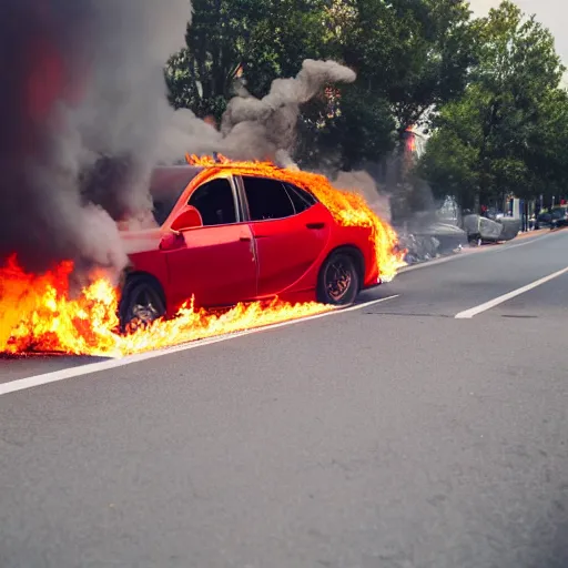 Prompt: front view red car on fire, in the street