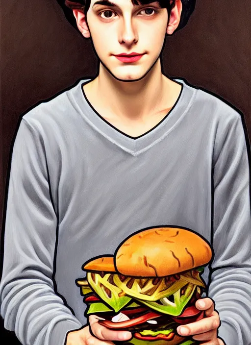 Image similar to oil painting, teenage jughead jones, wears a light grey crown, and devours a hamburger, wearing a light grey crown, intricate, elegant, closed eyes, highly detailed, pinocchio nose, lighting, painting, artstation, smooth, illustration, art by greg rutowski and alphonse mucha