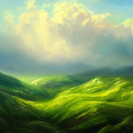 Image similar to green valleys across the horizons, beautiful clouds, natural beauty, soft focus, oil painting, high quality, highly detailed, concept art