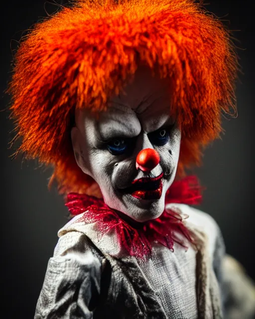 Image similar to a creepy paper mache doll of a scary clown, realistic, very detailed, complex, intricate, studio lighting, bokeh, sigma 5 0 mm f 1. 4