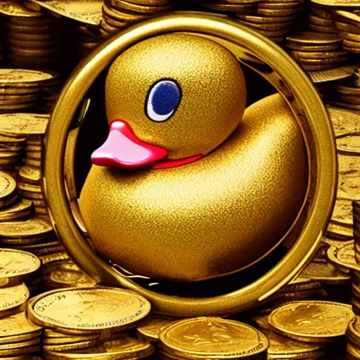 Prompt: photorealistic photograph of an anthropomorphic duck swimming in a vault full of gold coins