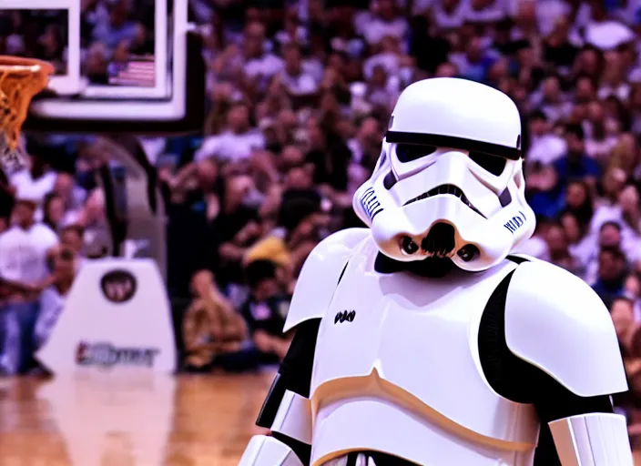 Prompt: ESPN still of Storm trooper playing in the nba playoffs live on espn, 4k