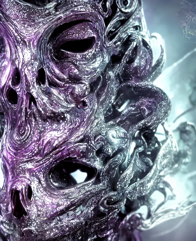 Image similar to close-up macro portrait of the face of a beautiful princess in a skull chrome mask, epic angle and pose, symmetrical artwork, 3d with depth of field, blurred background, cybernetic jellyfish female face skull phoenix bird, translucent, nautilus, energy flows of water and fire. a highly detailed epic cinematic concept art CG render. made in Maya, Blender and Photoshop, octane render, excellent composition, cinematic dystopian brutalist atmosphere, dynamic dramatic cinematic lighting, aesthetic, very inspirational, arthouse. y Greg Rutkowski, Ilya Kuvshinov, WLOP, Stanley Artgerm Lau, Ruan Jia and Fenghua Zhong