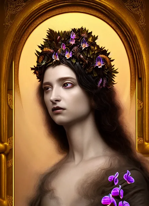 Prompt: portrait of the young goddess of iridescent orchids, unusually unique beauty, flowers and plants and vegetables, emotionally evoking symbolic metaphors, head in focus, fantasy, heavily gothic ornamental, intricate, elegant, sensual, highly detailed digital painting, artstation, concept art, painterly, golden ratio, sharp focus, illustration, art by greg rutkowski and alphonse mucha,