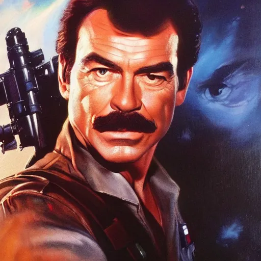 Image similar to ultra realistic portrait painting of tom selleck as han solo, art by frank frazetta, 4 k, ultra realistic, highly detailed, epic lighting