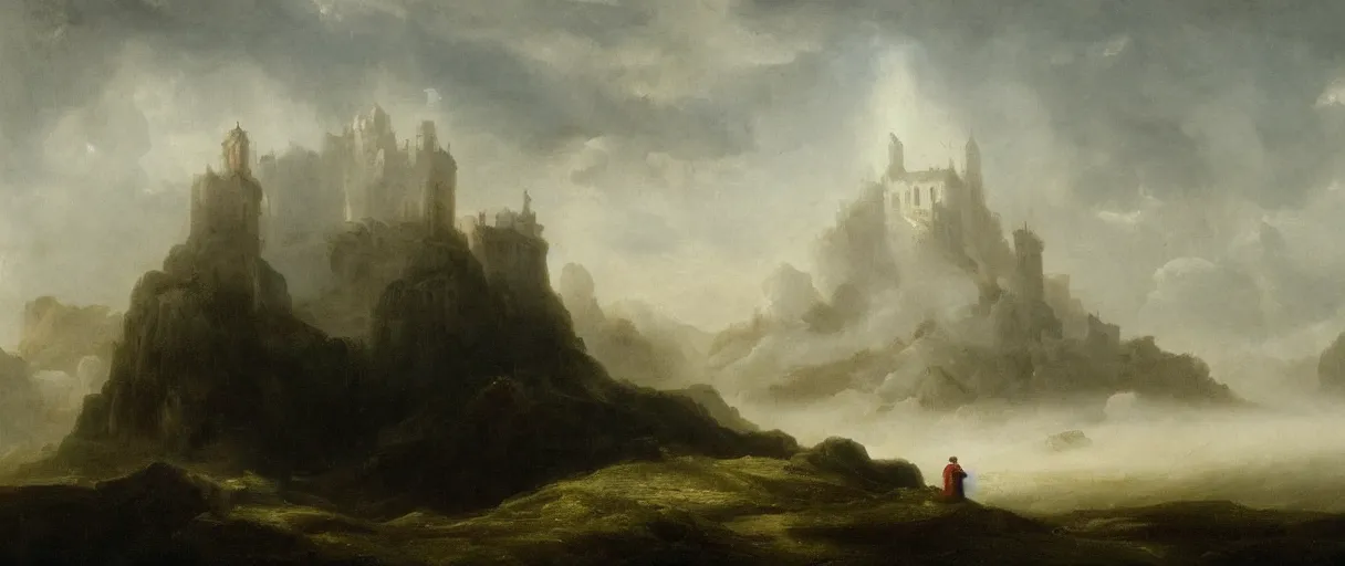 Prompt: an impossibly large tower rising from a sea of mist,evocative,romanticism landscape painting,chiaroscuro