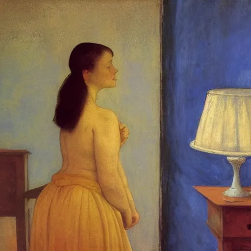 Image similar to close up of an ivory girl in a blue and gold haunted liminal abandoned room, film still by edward hopper, by Pontormo, by klimt, pre-raphaelite. art noveau, art noveau, highly detailed, strong lights, liminal, eerie, Bright pastel colors