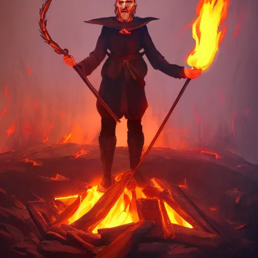 Image similar to male witch stands on a fire burning pyre, surrounded by flames, artstation