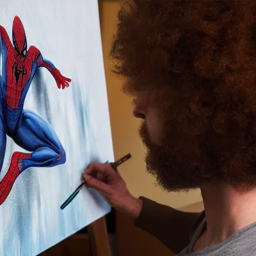 Image similar to a closeup photorealistic photograph of bob ross working on a canvas painting of spiderman. film still. brightly lit scene. mountains and trees. this 4 k hd image is trending on artstation, featured on behance, well - rendered, extra crisp, features intricate detail, epic composition and the style of unreal engine.