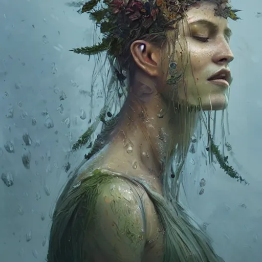 Image similar to a beautiful portrait of a plant goddess with closed eyes by Greg Rutkowski and Raymond Swanland, wet leaves, Trending on Artstation, ultra realistic digital art