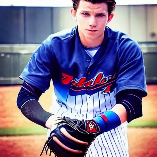 Image similar to “a realistic photo of a guy who is an attractive baseball player man who is part cyborg and part humanoid, who is a robot, Tom Holland”