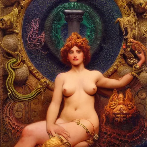 Image similar to detailed potraitof hidu goddes kali and serpent, girl graceful,, painting by gaston bussiere, craig mullins, j. c. leyendecker, lights, art by ernst haeckel, john william godward, hammershøi,,