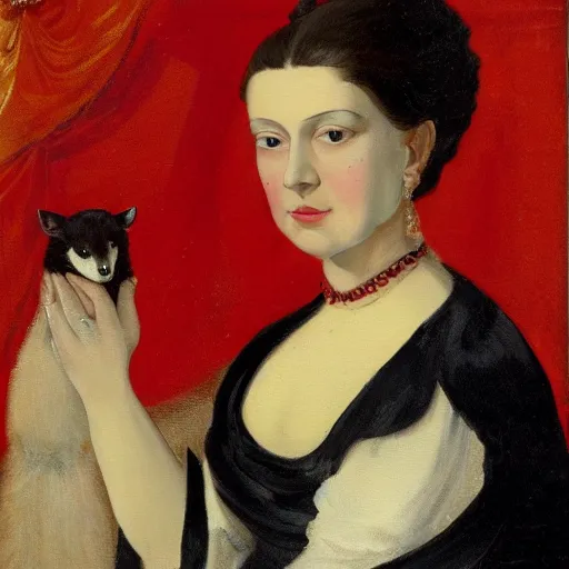 Image similar to painting of a woman seated in profile, holding a small white ermine in her left hand. She is dressed in a lavish red and gold gown, and her dark hair is pulled back from her face in a severe style. Her expression is one of calm detachment, and she stares straight ahead with a slight smile on her lips.