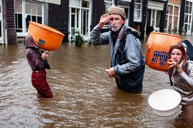 Image similar to closeup potrait of Dutch people with buckets in a flood in Amsterdam, photograph, natural light, sharp, detailed face, magazine, press, photo, Steve McCurry, David Lazar, Canon, Nikon, focus