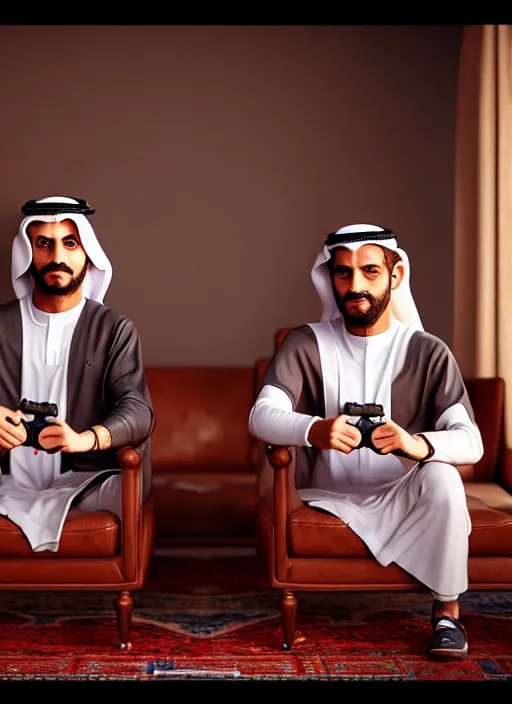 Image similar to portrait, twins playing video games, togther sheik mohammad ruler of dubai, controller, hyperdetailed illustration by irakli nadar and alexandre ferra, unreal engine 5 highly rendered, detailed and intricate environment