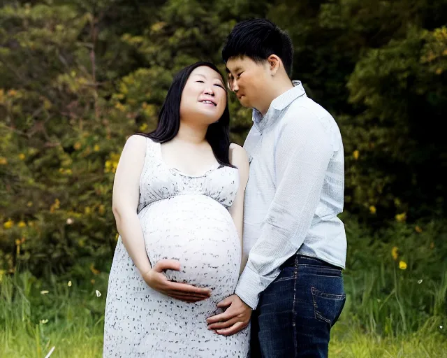 Prompt: Maternity photo of a young Asian-American couple, both husband and wife are 9 months pregnant