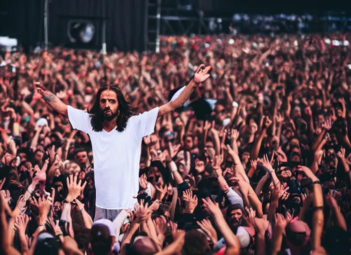 Image similar to photo still of jesus christ on stage at vans warped tour!!!!!!!! at age 3 2 years old 3 2 years of age!!!!!!! throwing bibles to the crowd, 8 k, 8 5 mm f 1. 8, studio lighting, rim light, right side key light