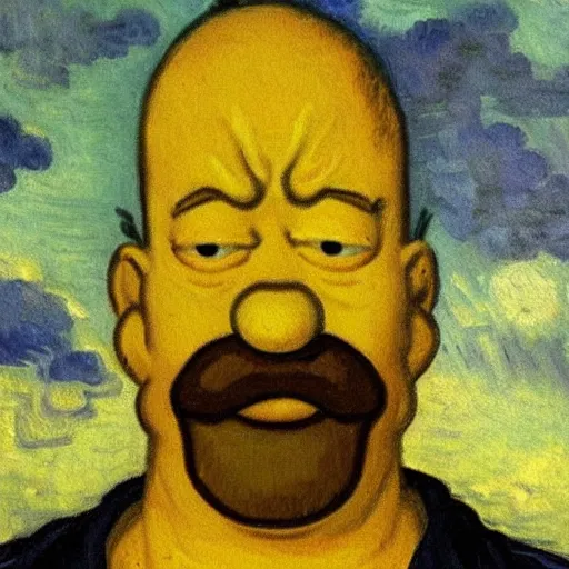 Image similar to a beautiful oil painting of homer simpson, 8k , award winning , made in 1800's , old , painted by vincent van gogh