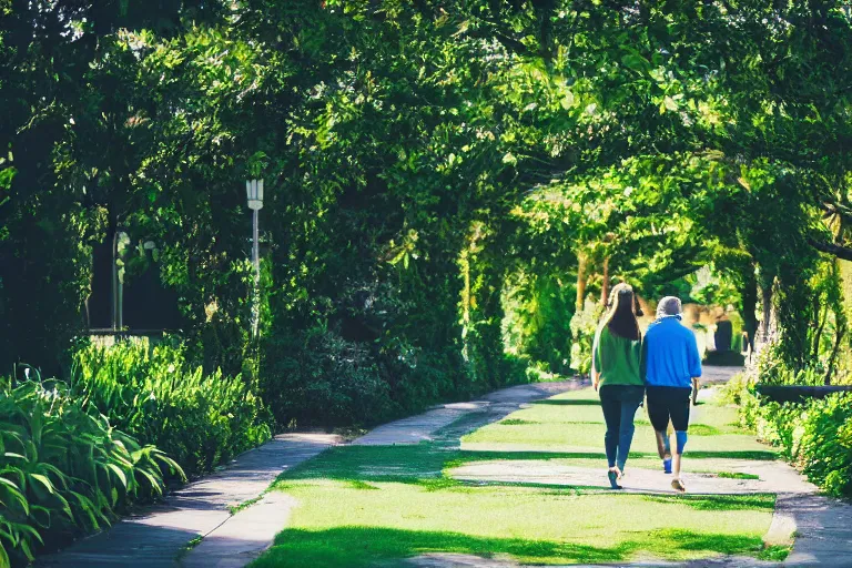 Prompt: a cinematic wideangle photograph of a man and woman walking through a walkway, green plants, blue sky, beautiful lighting, ultra realistic