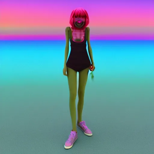 Image similar to fullbody vaporwave art of a fashionable zombie girl at a beach, early 9 0 s cg, 3 d render, 8 0 s outrun, low poly, from hotline miami, album art