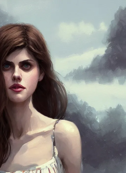 Prompt: a digital painting of Alexandra Daddario wearing a sundress, by netter, beautiful, gorgeous, long hair, style from greg rutkowski, beautiful eyes, full frame, oil painting, featured on artstation, concept art, smooth, sharp focus, illustration, very detailed, ambient lighting, unreal engine render, concept art by Atey Ghailan, by Loish, by Bryan Lee O'Malley