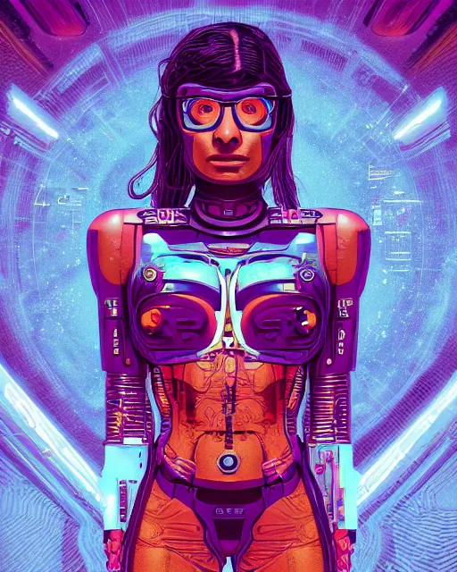 Image similar to portrait of Mia Khalifa as a cyborg. intricate abstract. intricate artwork. by Tooth Wu, wlop, beeple, dan mumford. mulholland drive by david lynch, dune by david lynch, blade runner 2049 by dennis villeneuve, patrick nagel, octane render, trending on artstation, greg rutkowski very coherent symmetrical artwork. cinematic, hyper realism, high detail, octane render, 8k, iridescent accents