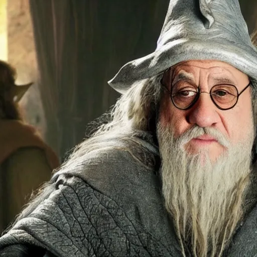 Image similar to danny devito starring as gandalf the white in the 2 0 2 4 lord of the rings movie, full body, hyper realistic, high quality, wide angle, always sunny in philadelphia, with hat